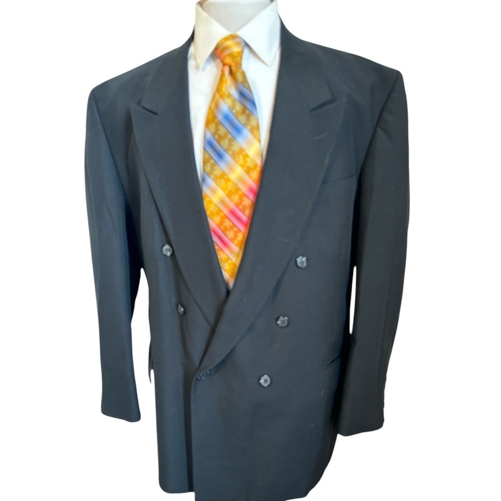 VTG Stafford Blazer Mens 46R Solid Black Double Breasted Jacket Sport Coat USA